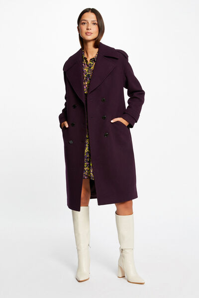 Abrigo largo recto doble botonadura violeta oscuro mujer