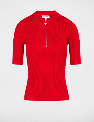 Jersey manga corta acanalado rojo mujer