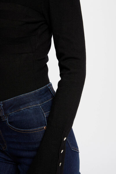 Jersey manga larga con escote en V negro mujer