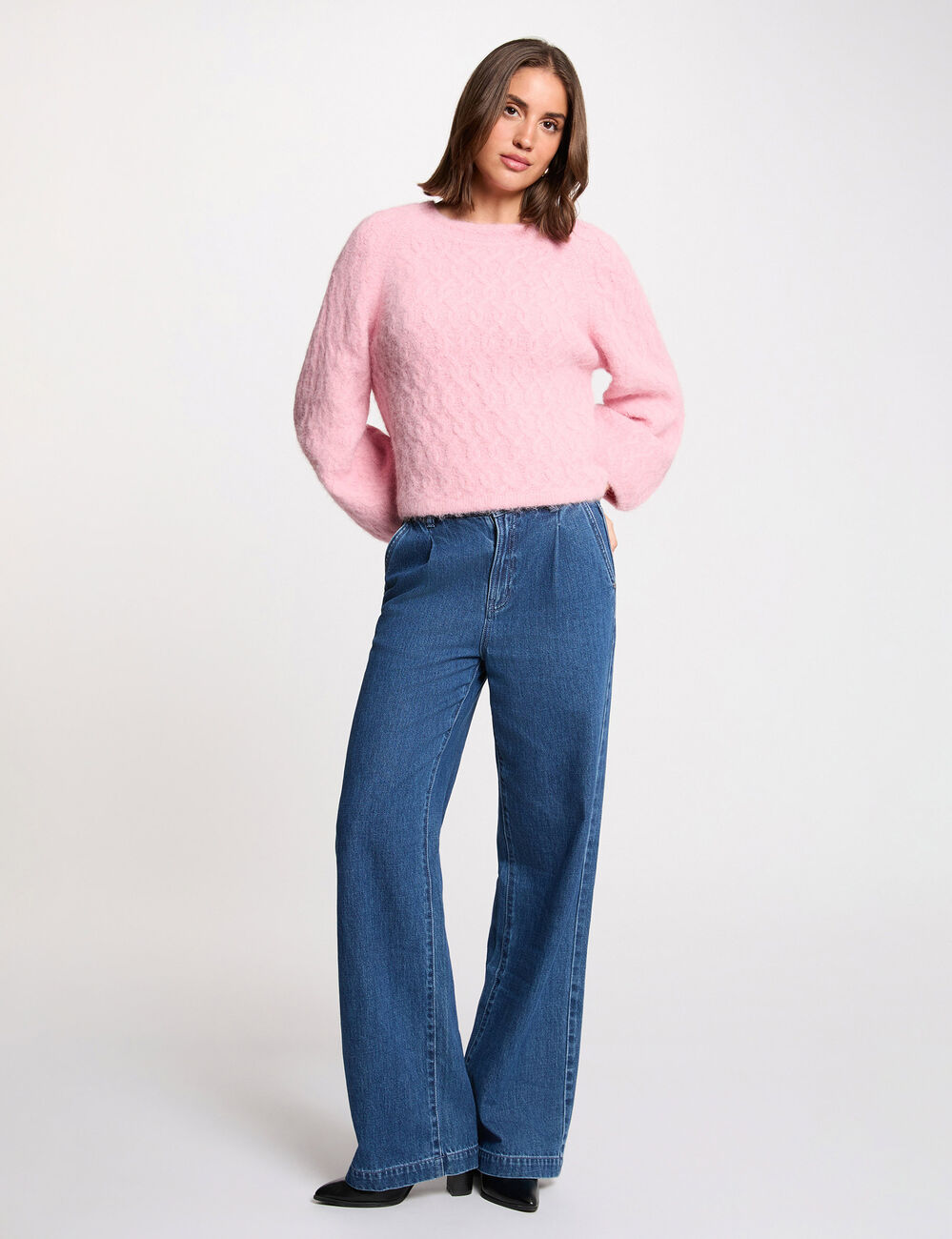 Jersey grueso con cuello redondo rosa mujer