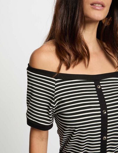 Camiseta de rayas estilo Bardot blanco mujer