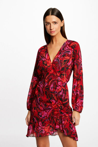 Vestido recto fruncido estampado vegetal multicolor mujer