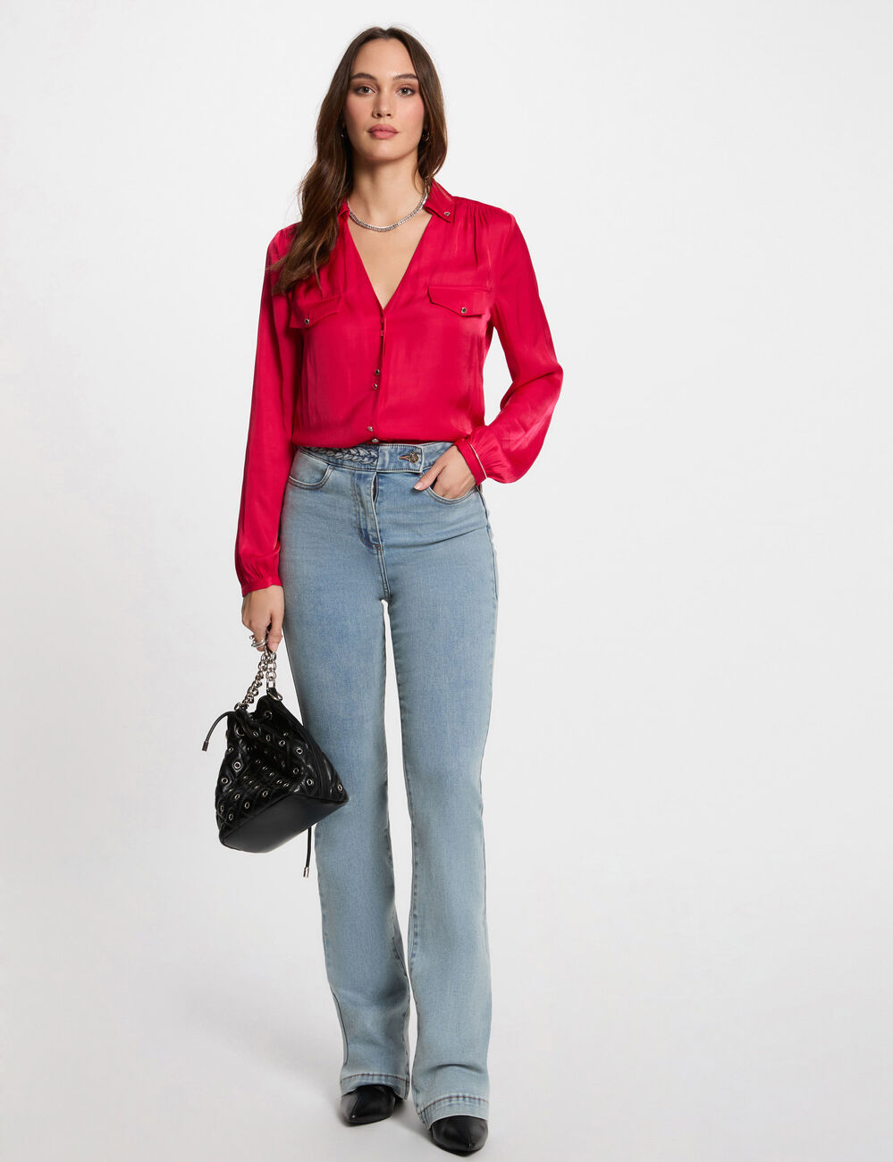 Vaquero recto con detalles trenzados denim descolorido mujer