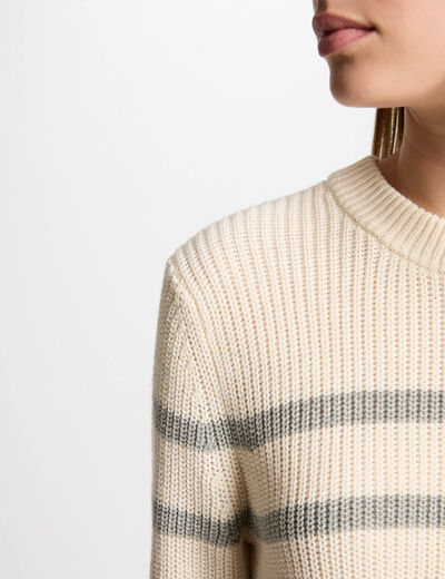 Jersey cuello redondo y rayas marfil mujer