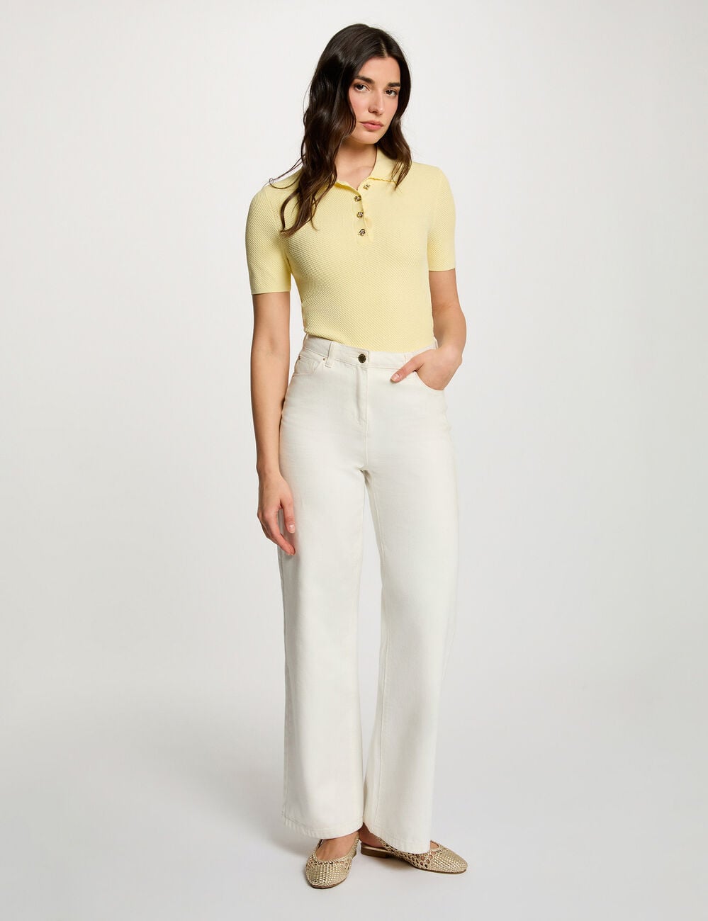 Jersey ajustado con cuello vuelto amarillo pastel mujer