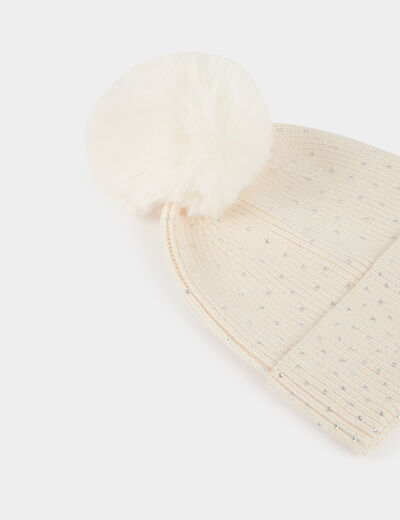 Gorro con strass y pompón marfil mujer