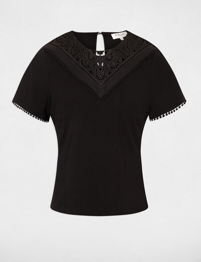 Camiseta manga corta bordada negro mujer