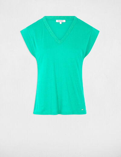 Camiseta manga corta con escote en V verde emeralda mujer