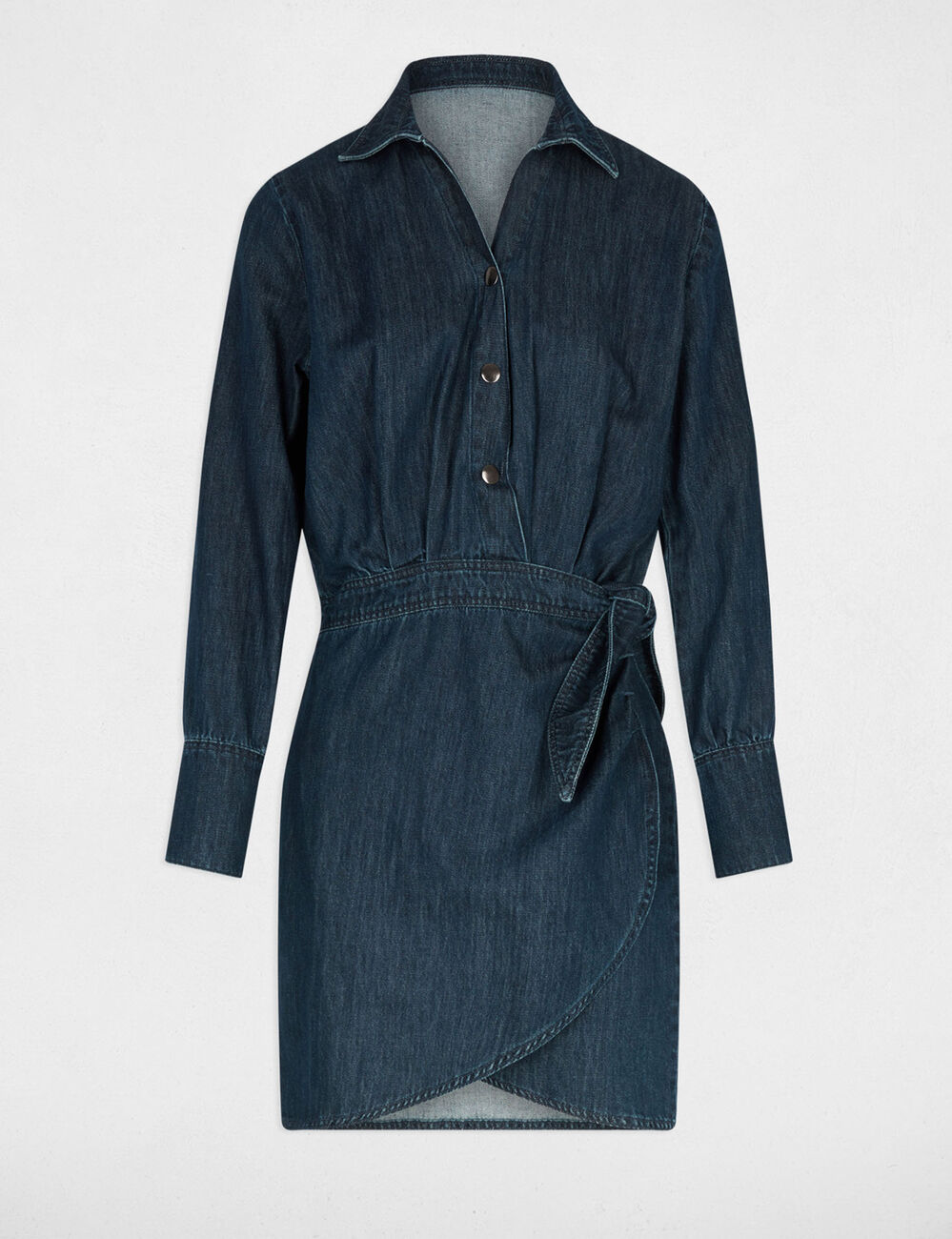 Vestido corto cruzado denim crudo mujer