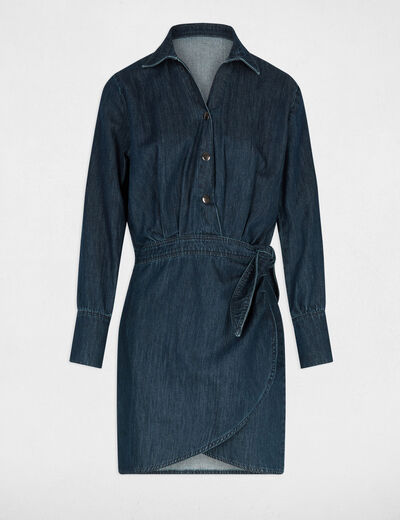 Vestido corto cruzado denim crudo mujer