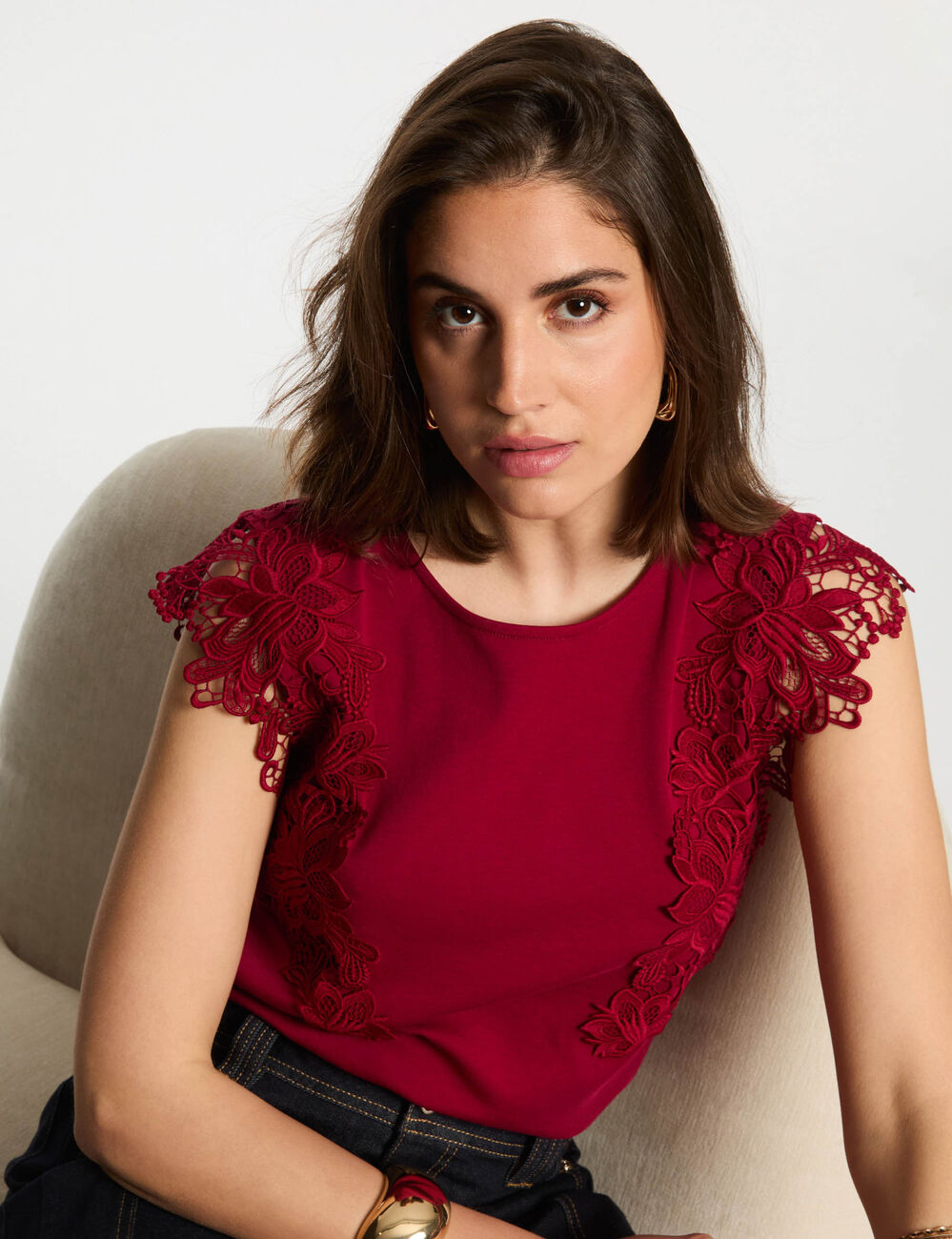 Camiseta manga corta rojo oscuro mujer