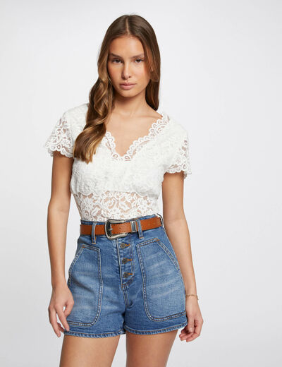 Camiseta encaje y escote en V marfil mujer