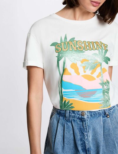 Camiseta estampada cuello redondo blanco mujer