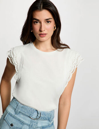 Camiseta con mangas de encaje blanco mujer