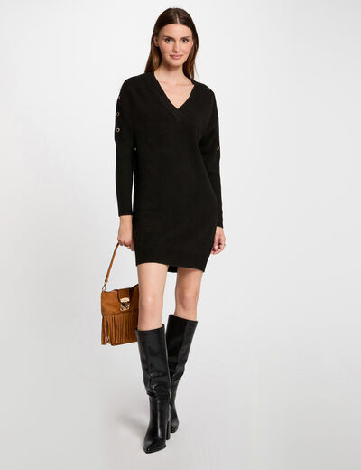 Vestido punto recto con ojales negro mujer