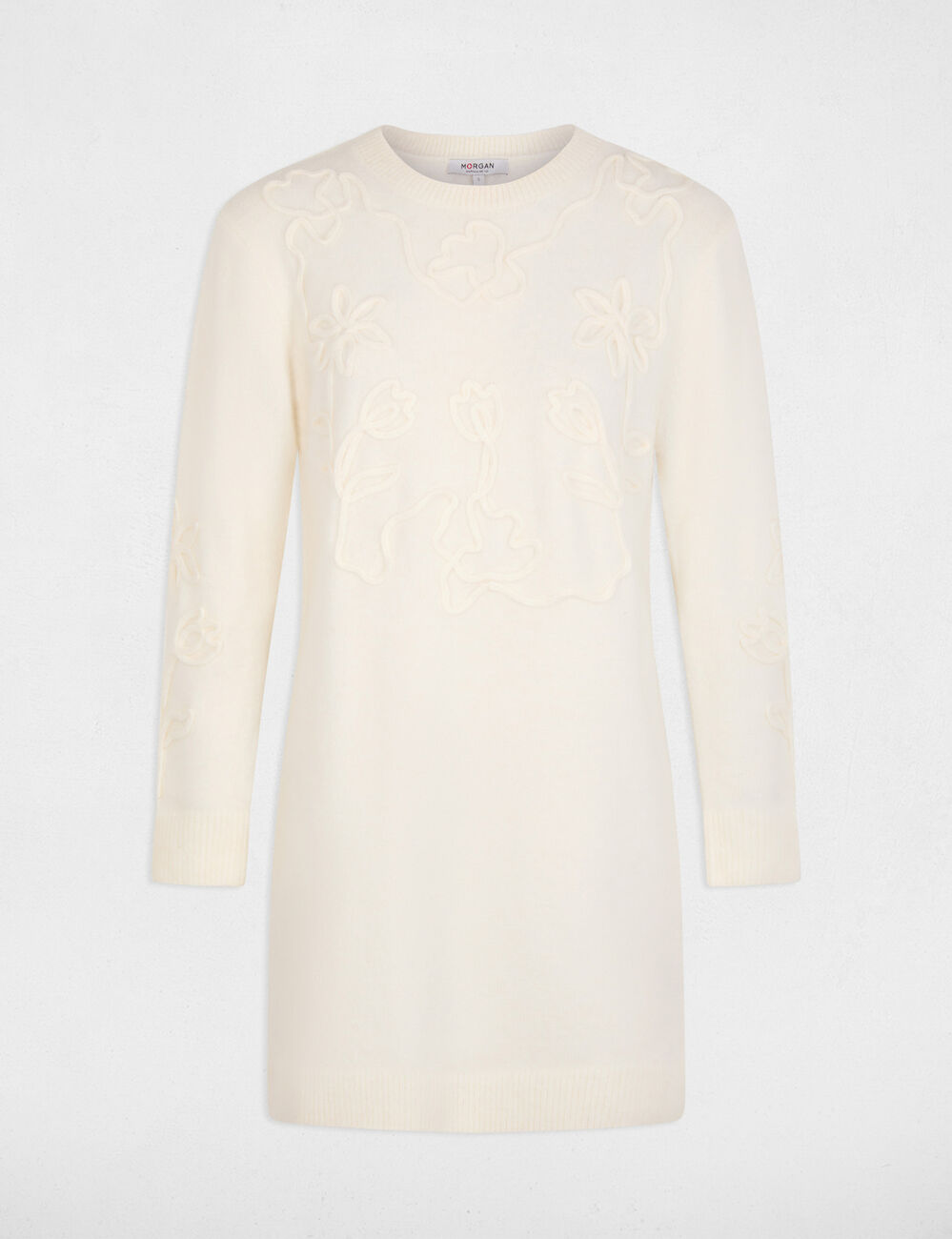 Vestido de punto manga larga marfil mujer