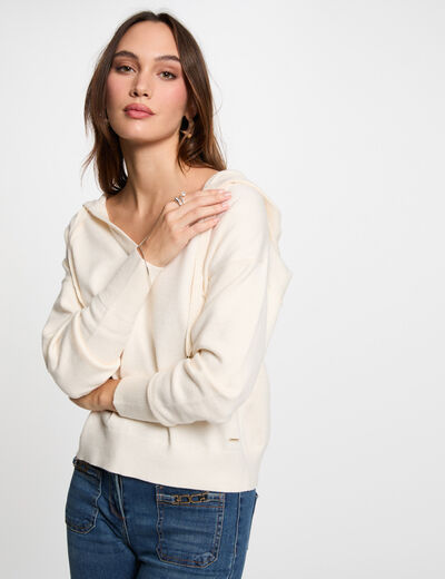 Jersey escote en V y capucha marfil mujer