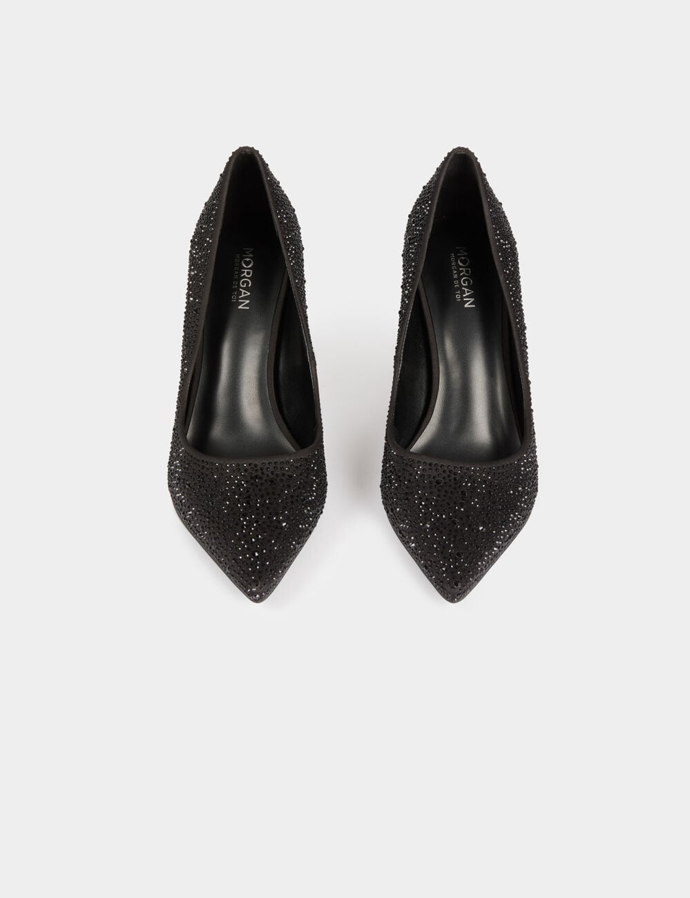 Zapato de tac&oacute;n satinado con strass negro mujer