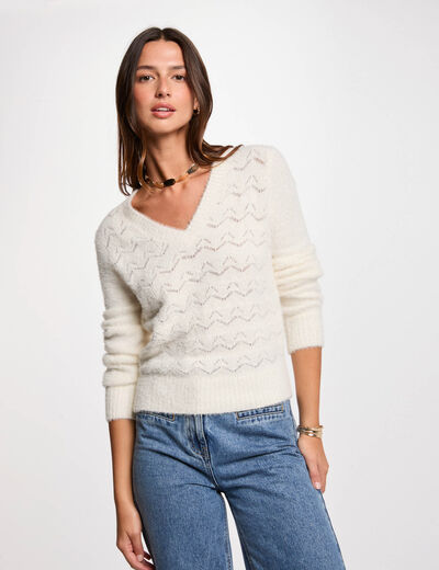 Jersey cuello en V marfil mujer