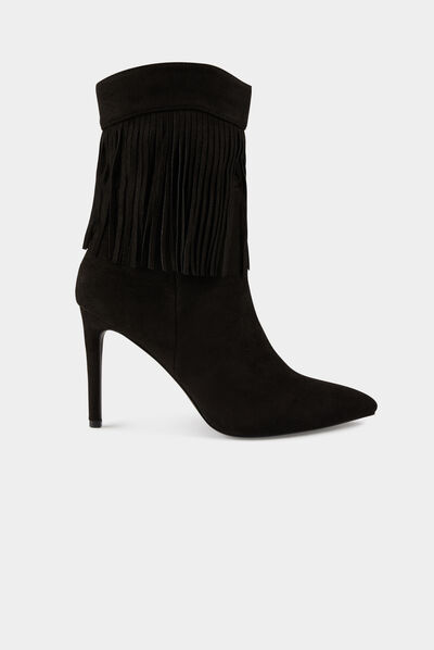 Botines de tacón con flecos negro mujer
