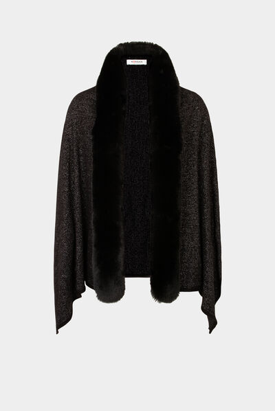 Poncho con detalles pelo de imitación negro mujer