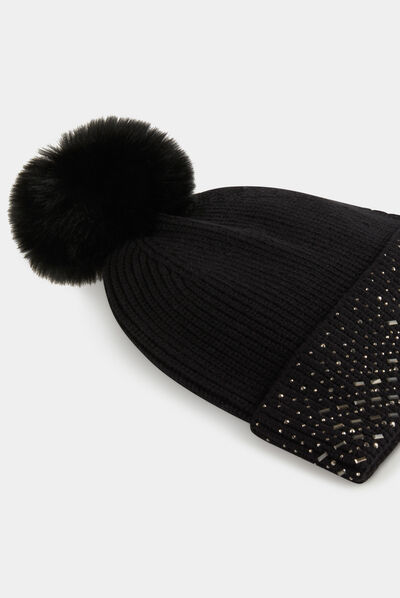 Gorro con strass y pompón negro mujer