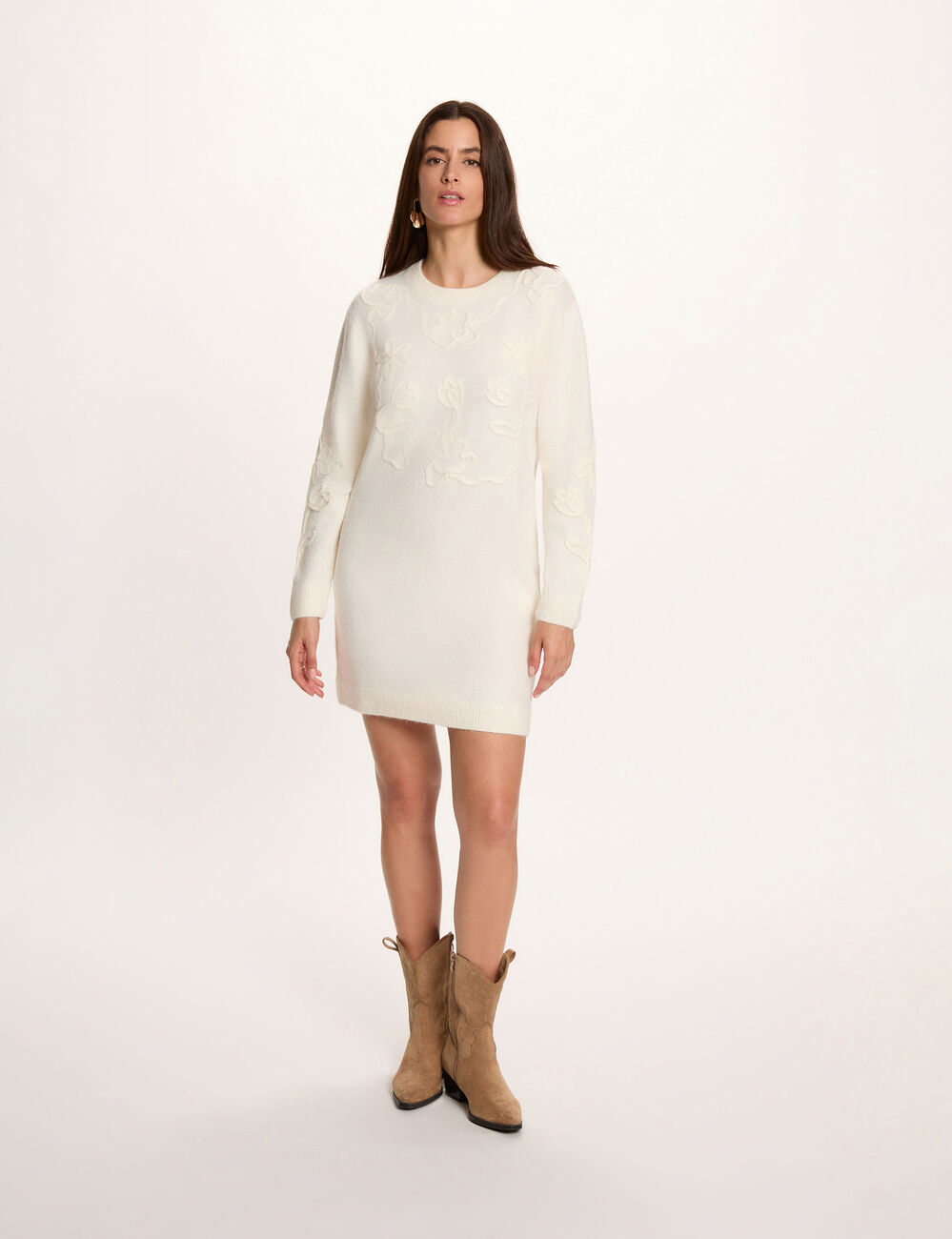Vestido de punto manga larga marfil mujer