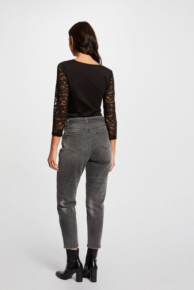 Camiseta manga 3/4 con encaje negro mujer