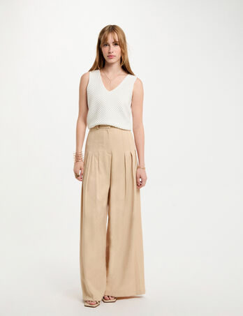Pantalón pernera ancha pinzas creme mujer