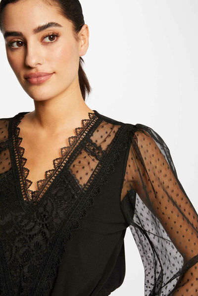 Camiseta manga larga con plumeti negro mujer