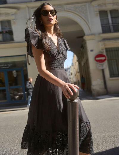 Vestido largo bordado negro mujer