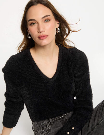 Jersey manga larga punto aterciopelado negro mujer
