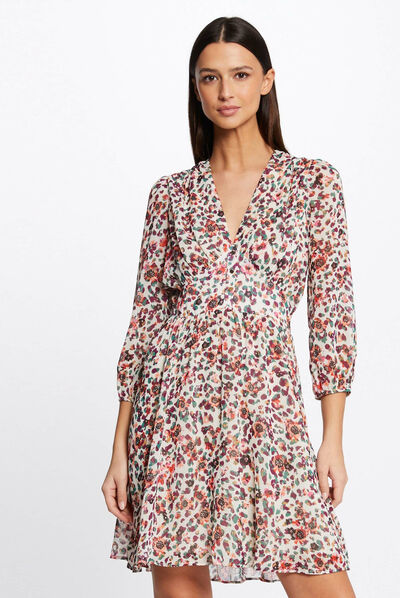 Vestido evasé holgado estampado floral crudo mujer