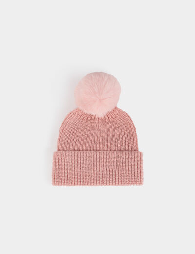 Gorro con pompon rosado polvoriento mujer