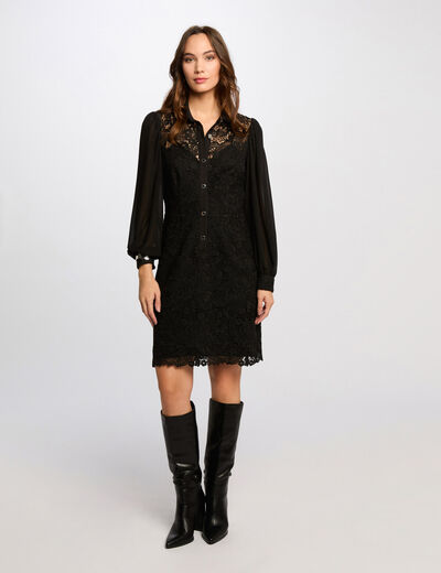 Vestido corto recto encaje negro mujer