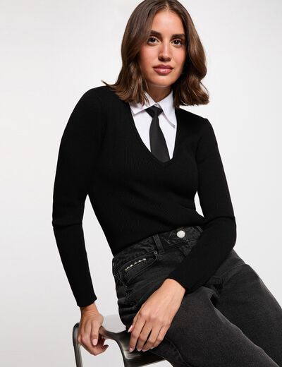 Jersey 2 en 1 con cuello vuelto negro mujer