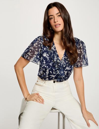 Blusa de gasa con cuello en v azul marino mujer