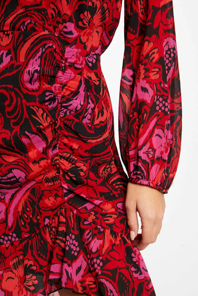 Vestido recto fruncido estampado vegetal multicolor mujer