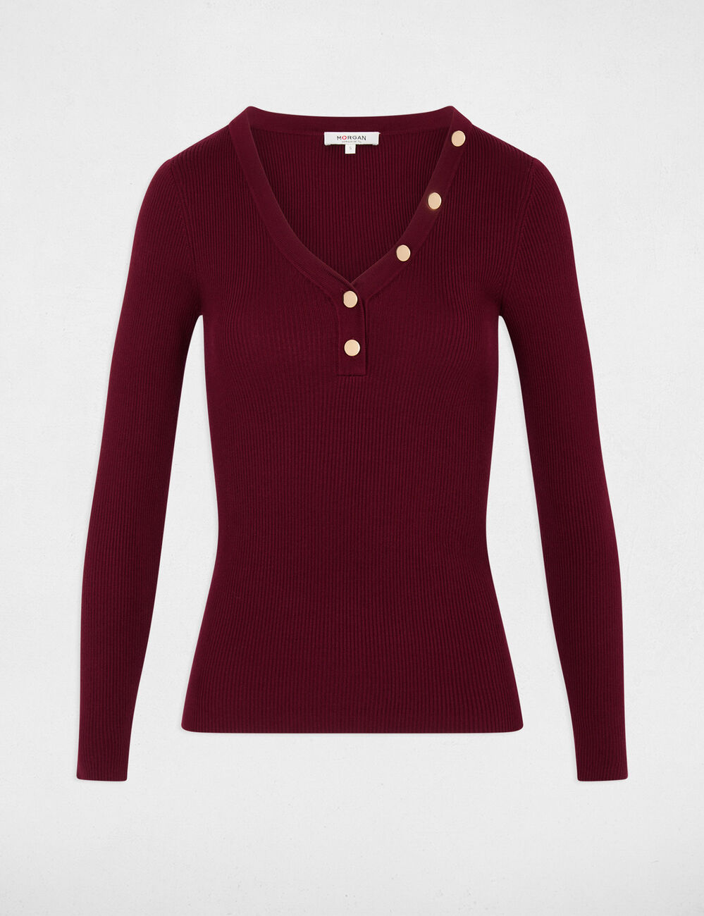 Jersey ajustado con cuello en V burdeos mujer
