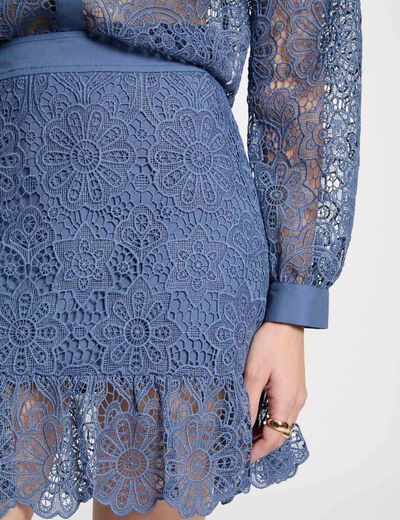Falda corta encaje y volantes bleu gris mujer