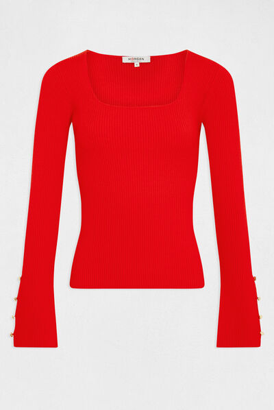 Jersey manga larga acanalado rojo mujer