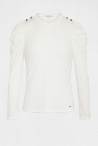 Camiseta manga larga acanalada crudo mujer