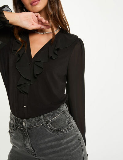 Camiseta de gasa con cuello en v negro mujer