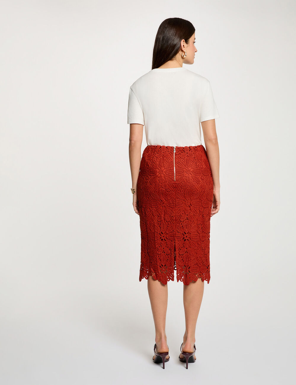 Falda midi de encaje naranja oscuro mujer