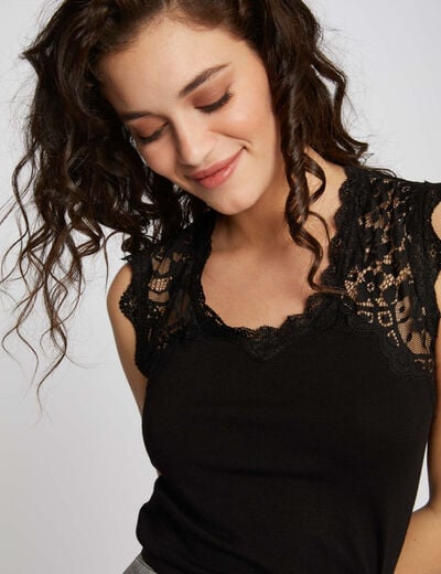 Camiseta de tirantes anchos con encaje negro mujer