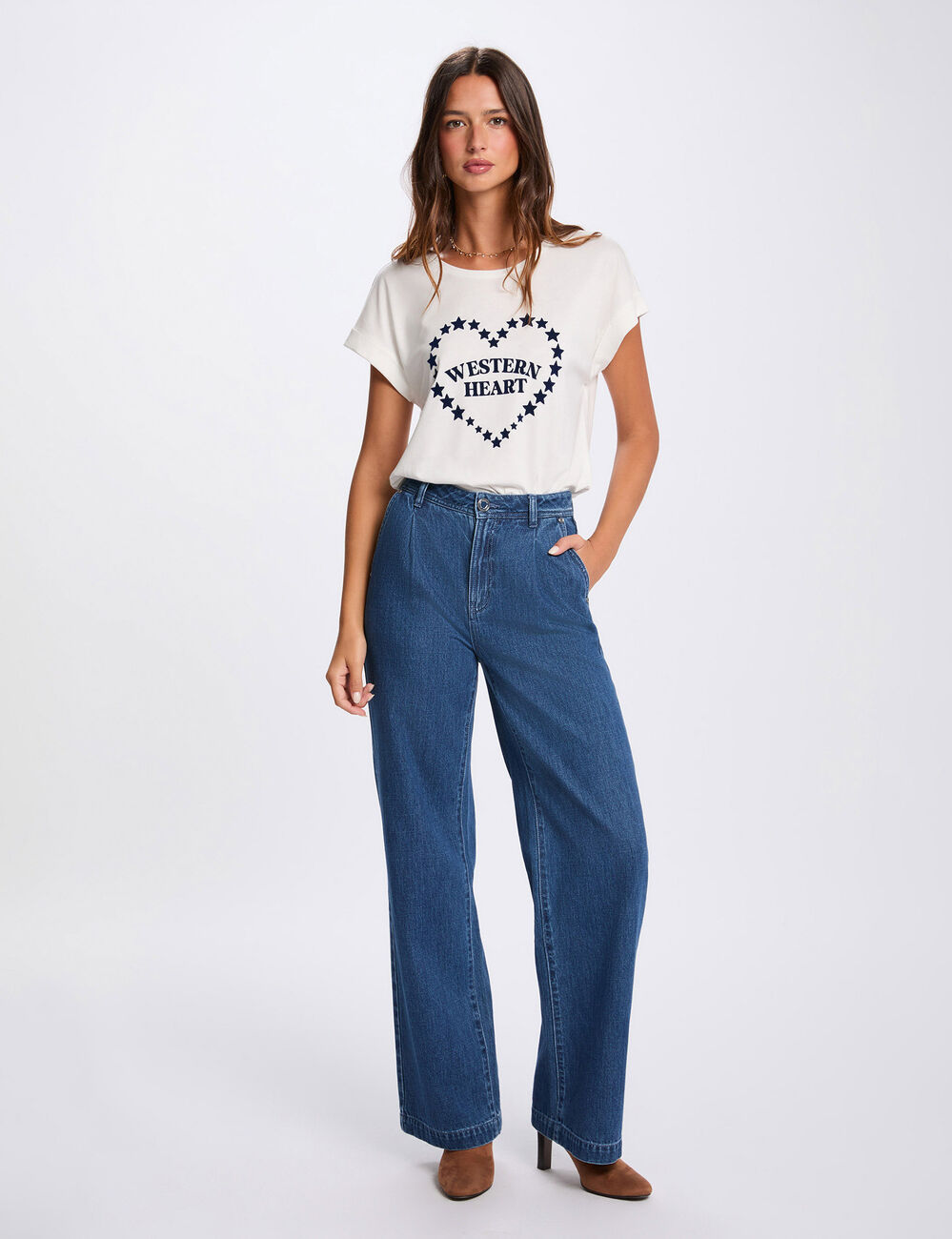 Camiseta recta con cuello redondo blanco mujer