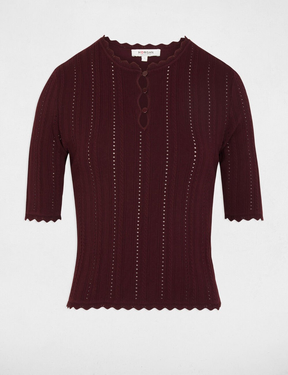 Jersey calado mangas 3/4 ciruela mujer