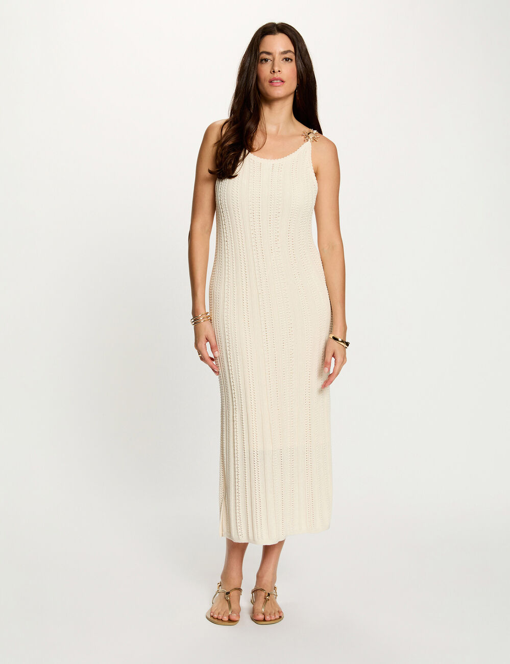 Vestido de punto bordado marfil mujer