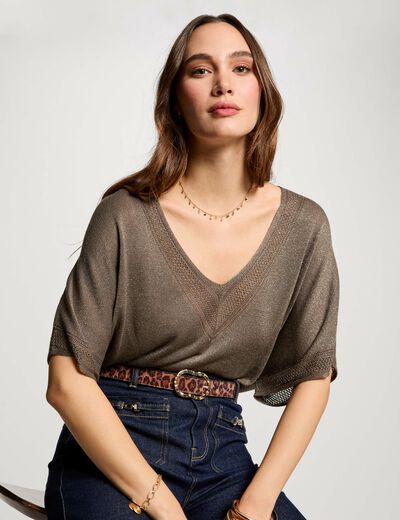 Jersey escote en V manga corta verde caqui mujer
