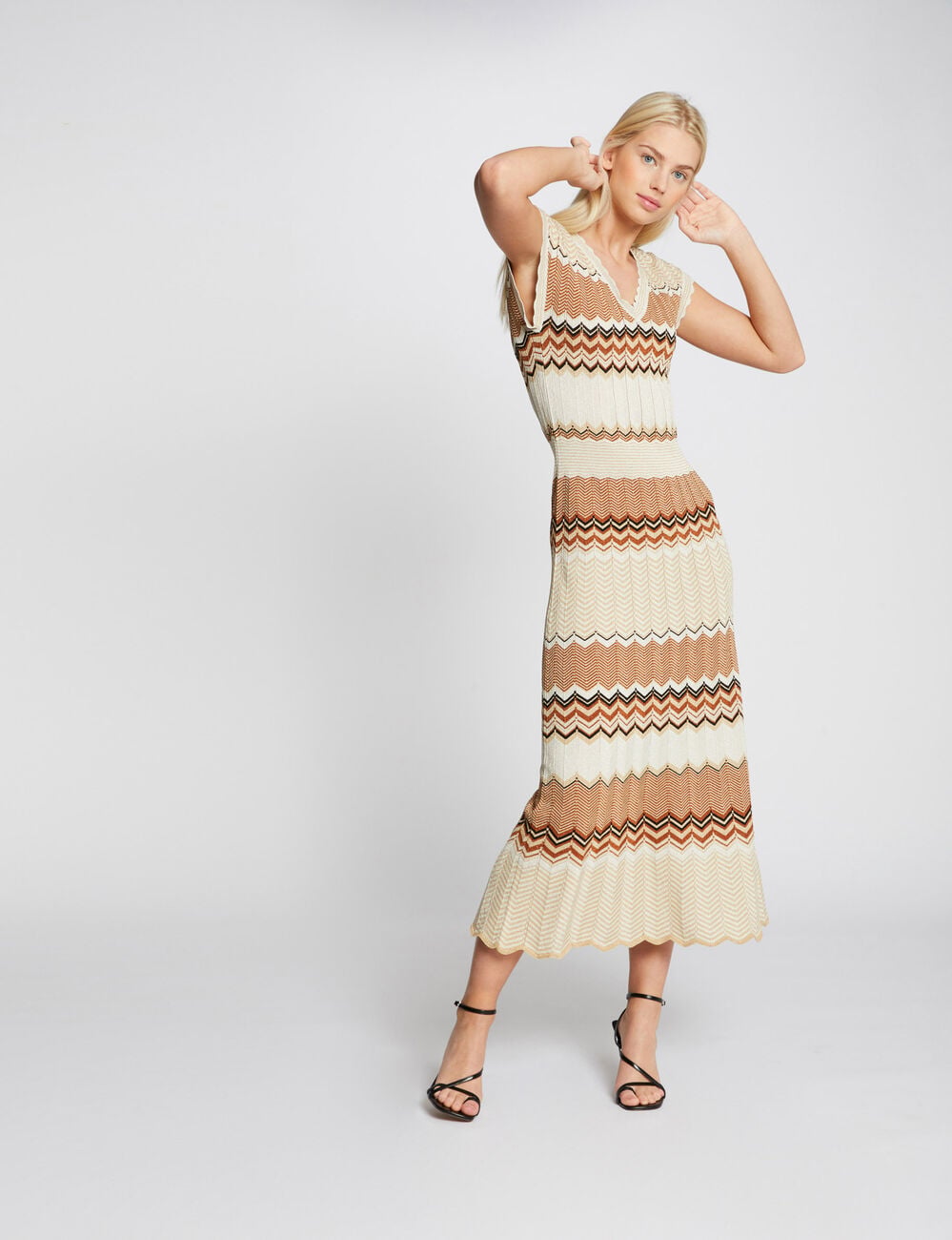 Vestido largo estilo jersey recto marr&oacute;n co&ntilde;ac mujer